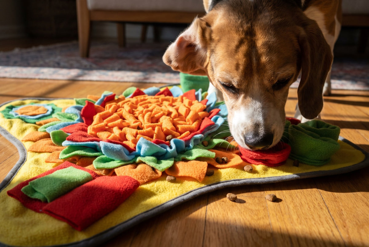 Beagle with its nose in the yellow snuffle mat on a sunny floor