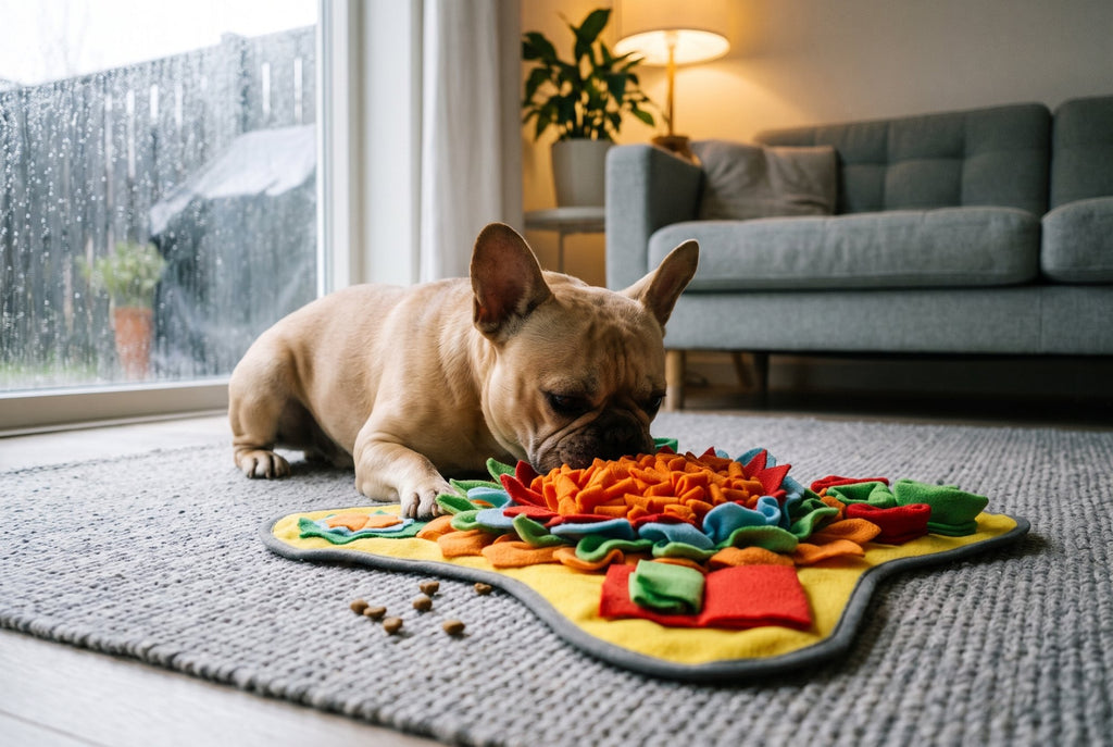 French bulldog sniffing the snuffle mat on a rug on a rainy day
