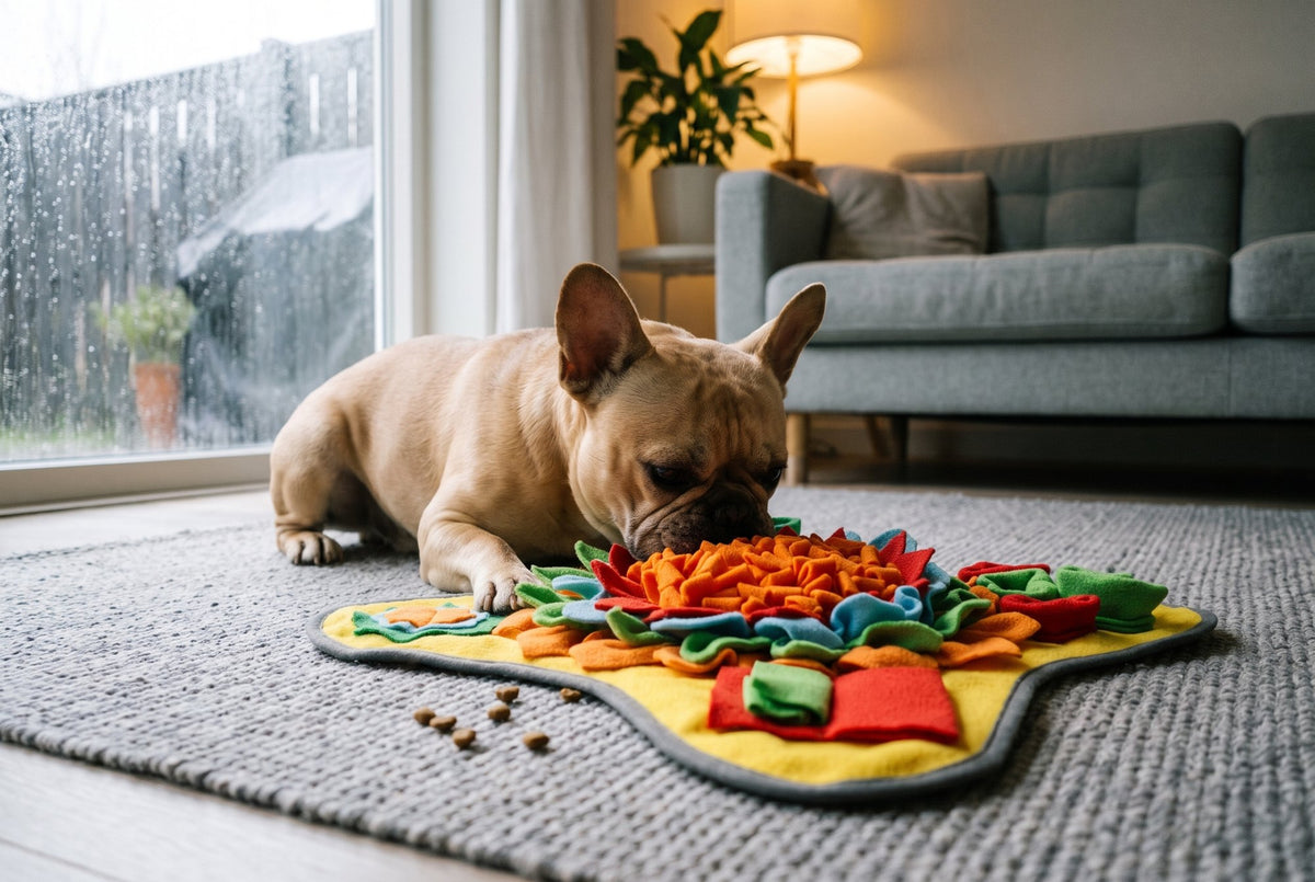 French bulldog sniffing the snuffle mat on a rug on a rainy day