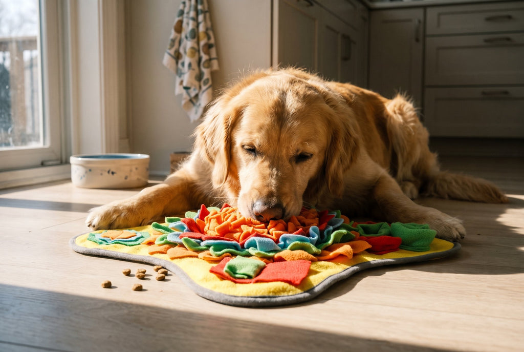 Golden retriever sniffing kibble out of the snuffle mat on a kitchen floor