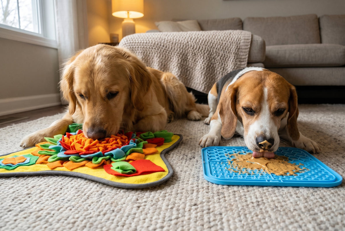 A golden retriever sniffing a snuffle mat while a beagle licks peanut butter off a blue lick mat on a living room rug